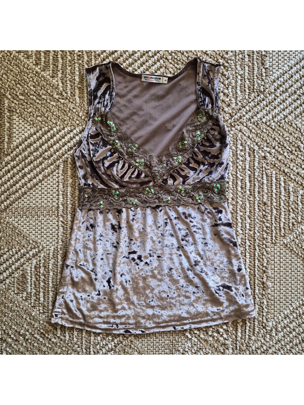 Vintage Y2K Younique Crushed Velvet Lace Trim Cami Top Sequin Whimsigoth S